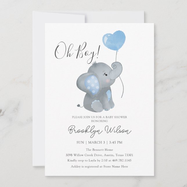 Oh Boy Elephant Watercolor Baby Shower Invitation (Front)