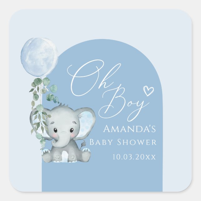 Oh Boy Elephant With Balloon Baby Shower Square Sticker (Front)