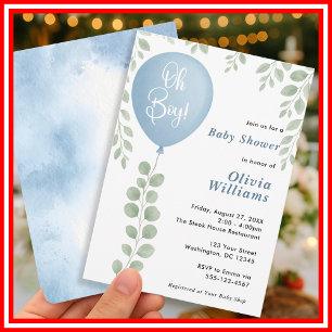 Oh Boy Eucalyptus Baby Shower Blue Balloon   Invitation