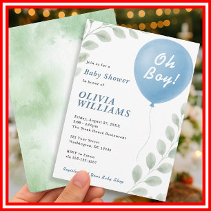 Oh Boy Eucalyptus Balloon Greenery Baby Shower Invitation