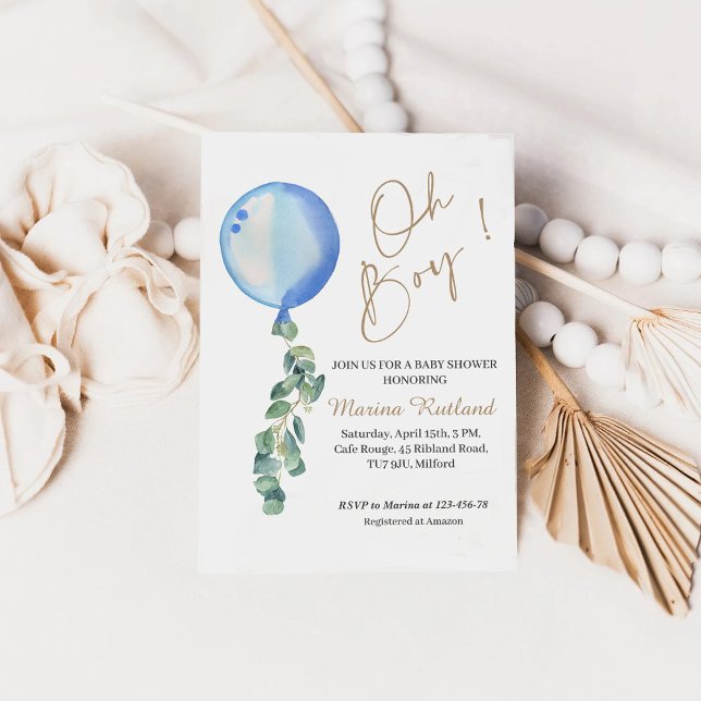 Oh Boy Eucalyptus Blue Balloon Baby Shower Invitation (Creator Uploaded)
