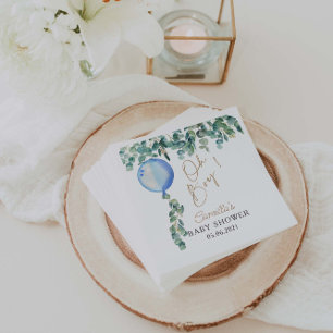 Oh Boy Eucalyptus Blue Balloon Baby Shower Napkin