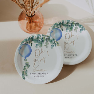 Oh Boy Eucalyptus Blue Balloon Baby Shower Paper Plate