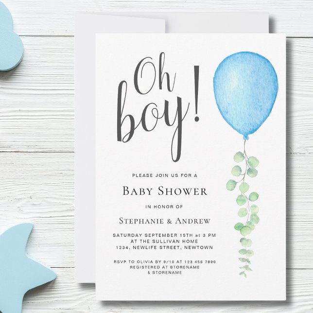 Oh Boy Eucalyptus Blue Balloon Couples Baby Shower Invitation (Creator Uploaded)