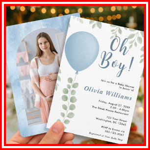 Oh Boy Eucalyptus Blue Balloon PHOTO Baby Shower Invitation