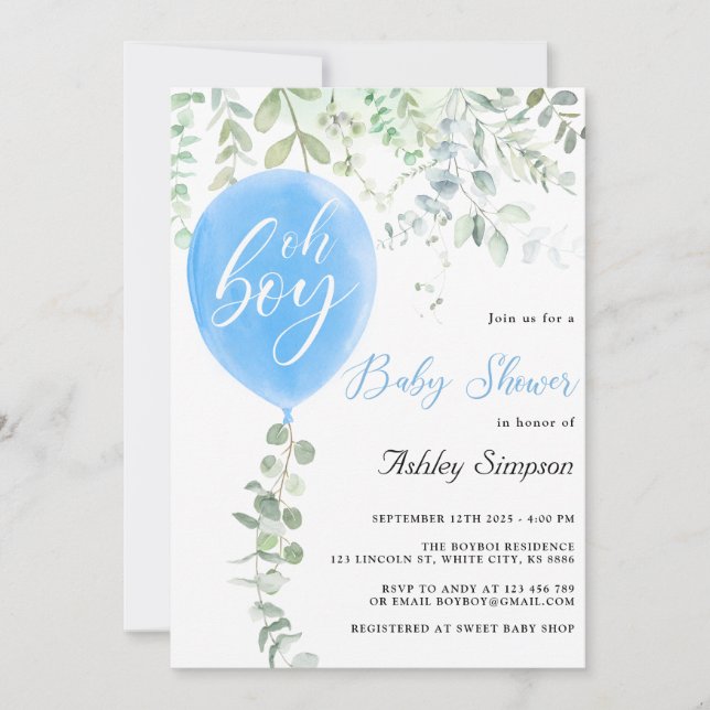 Oh boy eucalyptus blue balloons baby shower invitation (Front)