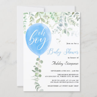 Oh boy eucalyptus blue balloons baby shower invitation