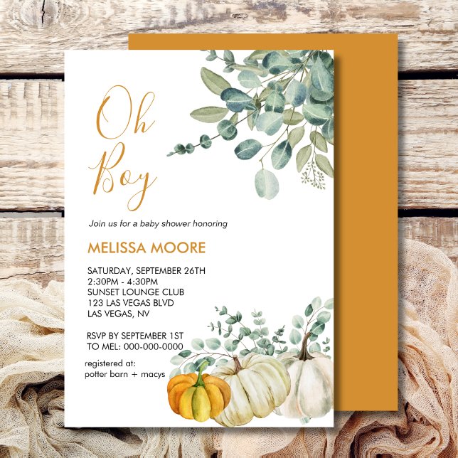 Oh boy fall pumpkin baby shower greenery invitation (Creator Uploaded)
