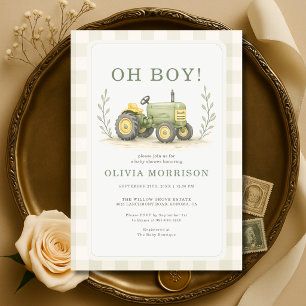 Oh Boy Farmer Tractor Gingham Baby Shower Invitation
