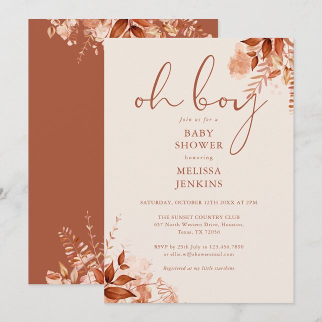 Oh Boy Floral Autumn Fall Baby Shower Invitation (Front/Back)