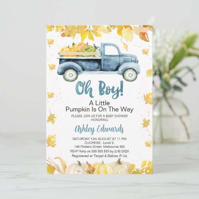 Oh Boy Foliage Little Pumpkin Truck Baby Shower Invitation (Standing Front)