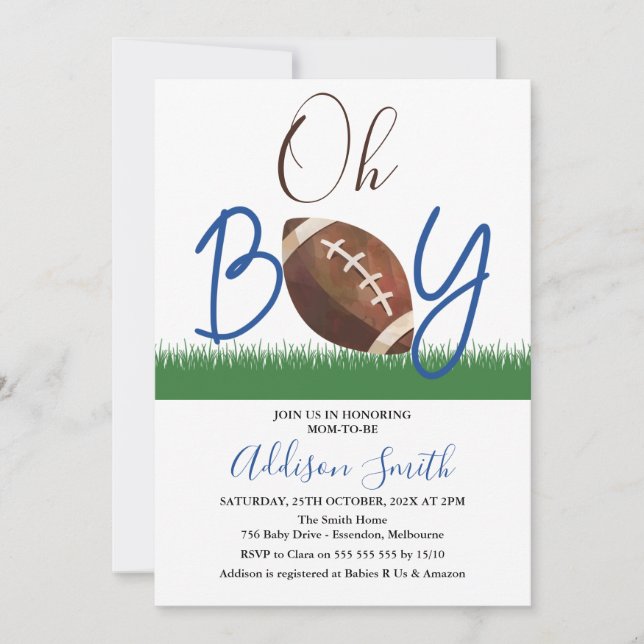 Oh Boy Football Baby Shower Invitation (Front)