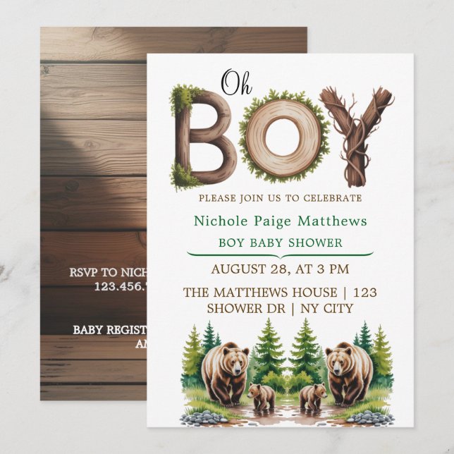 Oh Boy: Forest Wood Typography Bears Baby Shower Invitation (Front/Back)