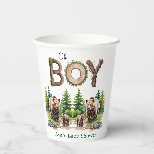Oh Boy: Forest Wood Typography Bears Baby Shower Paper Cups (Front)