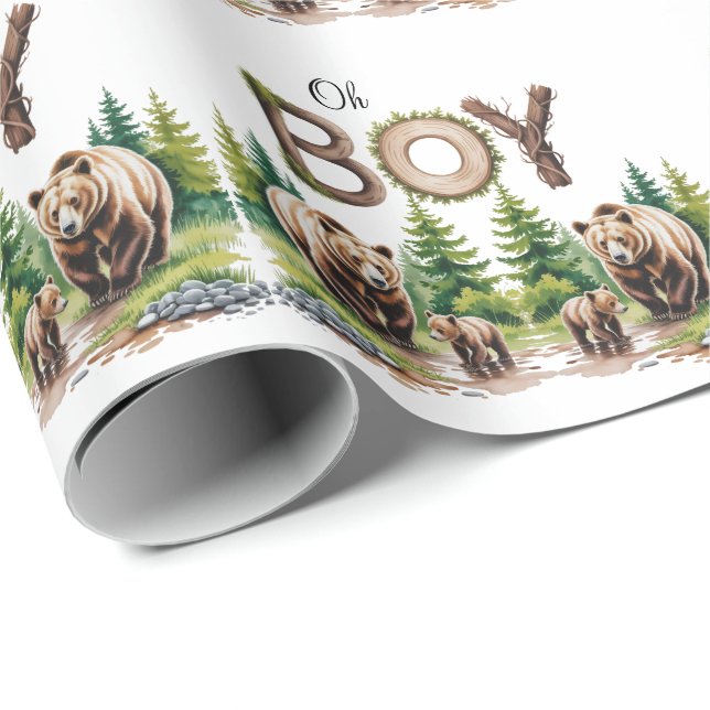 Oh Boy: Forest Wood Typography Bears Baby Shower Wrapping Paper (Roll Corner)