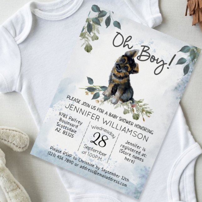 Oh Boy! German Shepherd Pup Watercolor Baby Shower Invitation (Oh Boy! Dog themed boy baby shower. German Shepherd Puppy.)