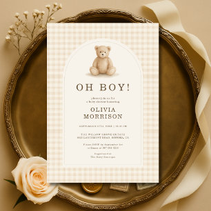 Oh Boy Gingham Teddy Bear Beige Baby Shower Invitation