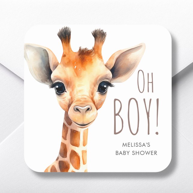 Oh Boy Giraffe Baby Shower Favour Square Sticker (Creator Uploaded)