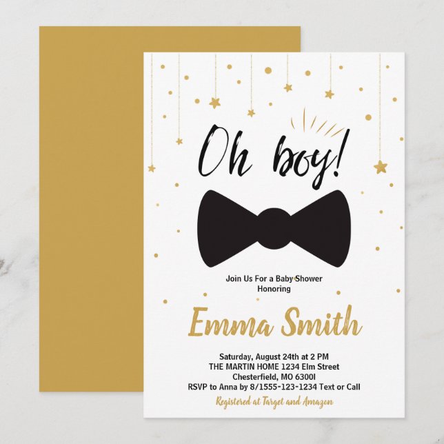 Oh Boy Gold Stars Bow tie Baby Shower Invitation (Front/Back)