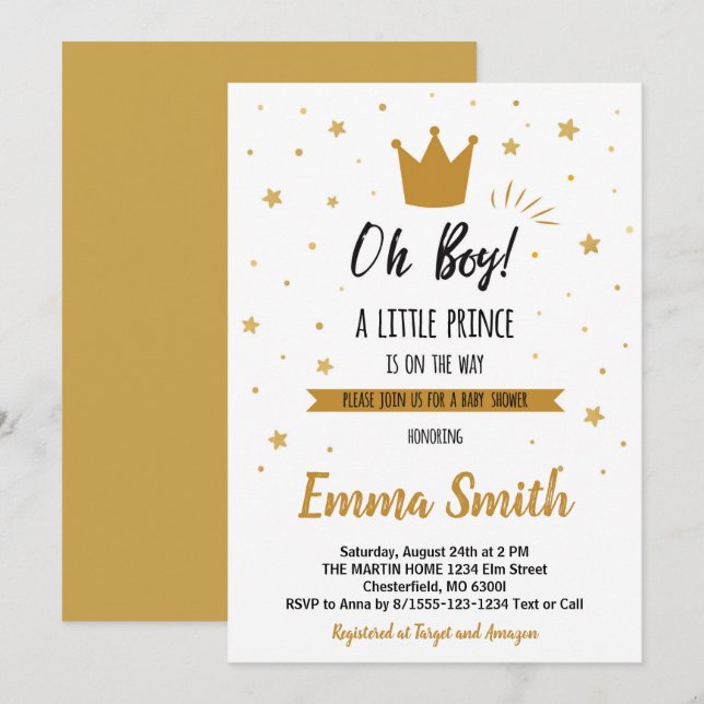 Oh Boy Gold Stars Golden Crow Baby Shower Invitation (Front/Back)