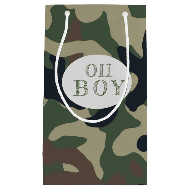 Oh Boy Green Camo Baby Shower   Small Gift Bag (Front)