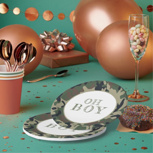 Oh Boy Green Camouflage Baby Shower Party Paper Plate (Multi)