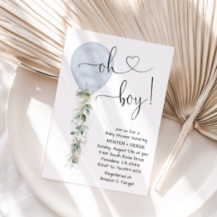 Oh Boy Greenery Balloon Baby Shower, Dusty Blue Invitation
