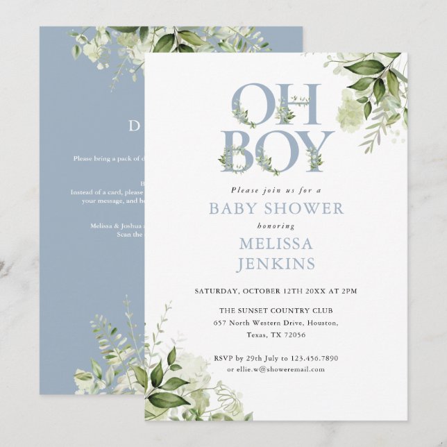 Oh Boy Greenery Dusty Blue All In One Baby Shower Invitation (Front/Back)