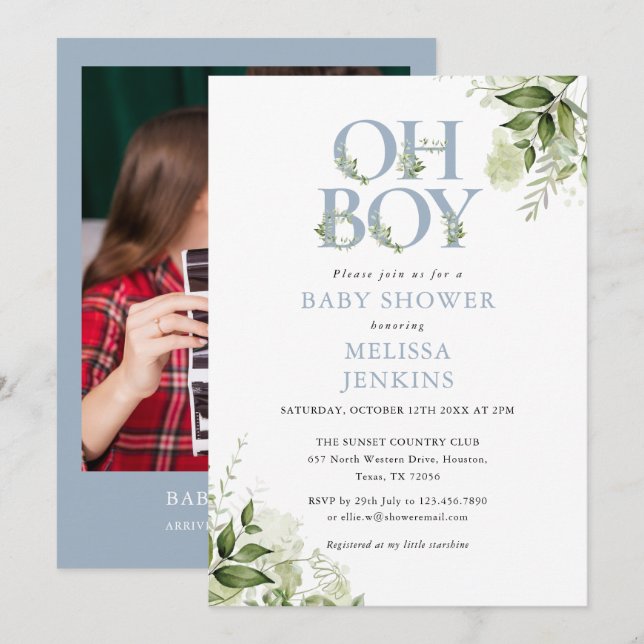 Oh Boy Greenery Dusty Blue Photo Baby Shower Invitation (Front/Back)