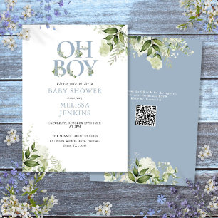 Oh Boy Greenery Dusty Blue QR Code Baby Shower Invitation
