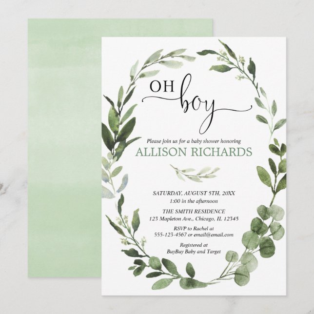 Oh Boy Greenery eucalyptus foliage baby shower Invitation (Front/Back)