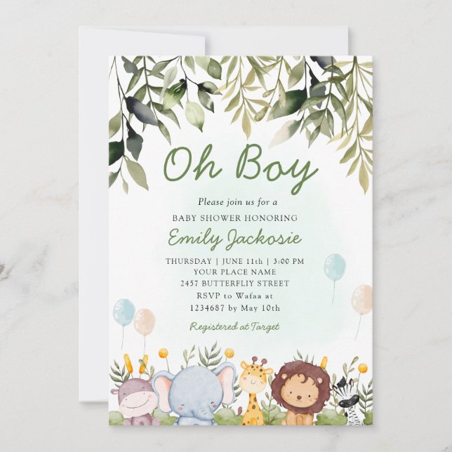 Oh boy Greenery jungle safari animals baby shower Invitation (Front)