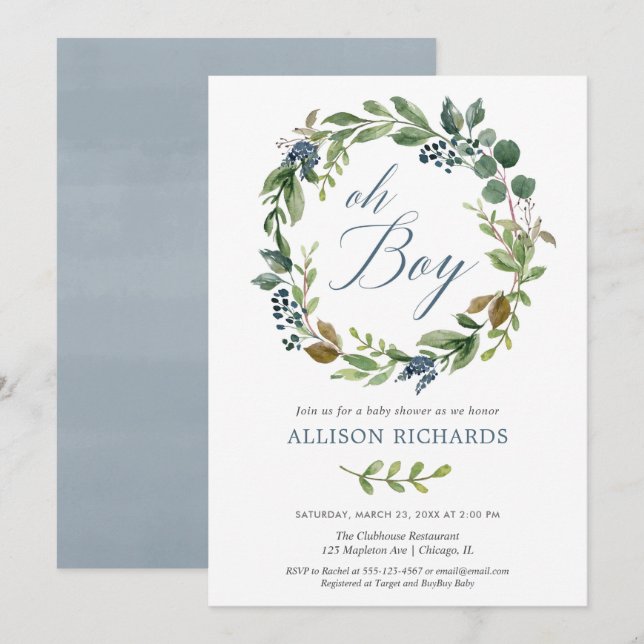 Oh boy greenery leaves dusty navy blue floral boy invitation (Front/Back)