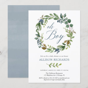 Oh boy greenery leaves dusty navy blue floral boy invitation