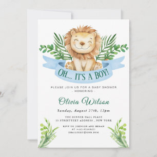 “Oh Boy!” Greenery Lion Baby Shower Invitation