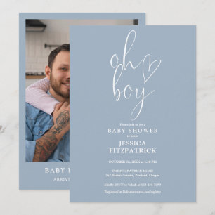 Oh Boy Heart Dusty Blue Boy Photo Baby Shower Invitation