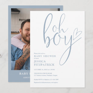 Oh Boy Heart Dusty Blue Boy Photo Baby Shower Invitation