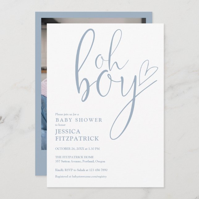 Oh Boy Heart Dusty Blue Boy Photo Baby Shower Invitation (Front/Back)