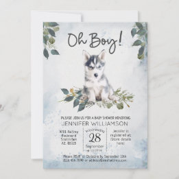 Oh Boy! Husky Puppy Watercolor Baby Shower  Invita Invitation