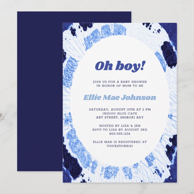 Oh Boy Indigo Blue Shibori Tie Dye Baby Shower Invitation (Front/Back)