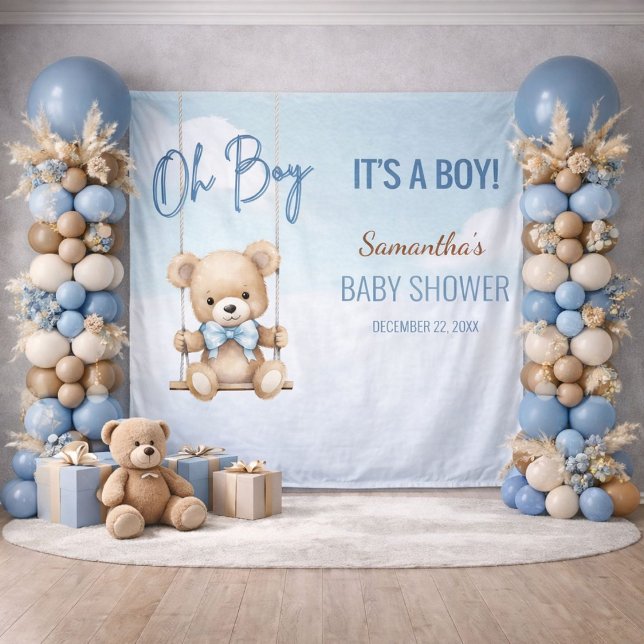 Oh Boy It's A Boy Bear Baby Shower Backdrop Tapestry (Soft blue baby shower backdrop styled with balloon columns and neutral pampas decor)