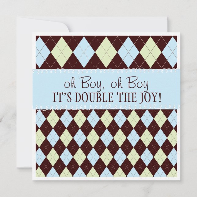 Oh Boy It's Twins Argyle Baby Boys Twin Shower Invitation (Front)