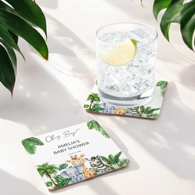 Oh Boy Jungle Animal Safari Boy Baby Shower Square Paper Coaster (Creator Uploaded)