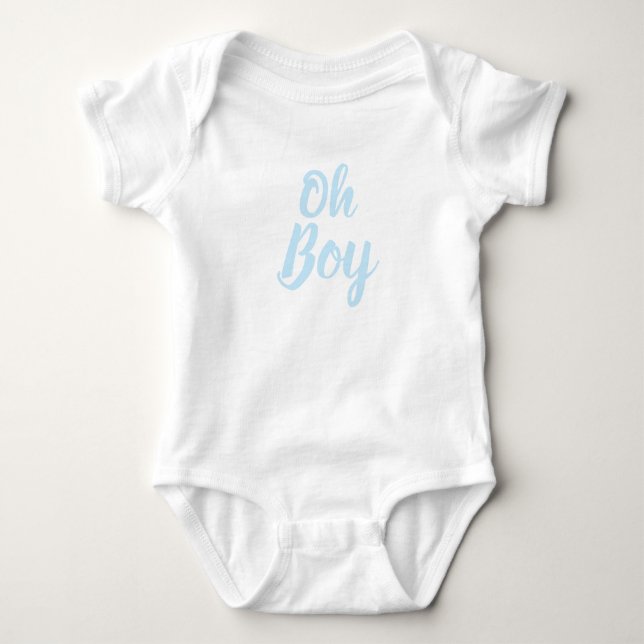 Oh Boy light blue script baby shower gender reveal Bodysuit (Front)