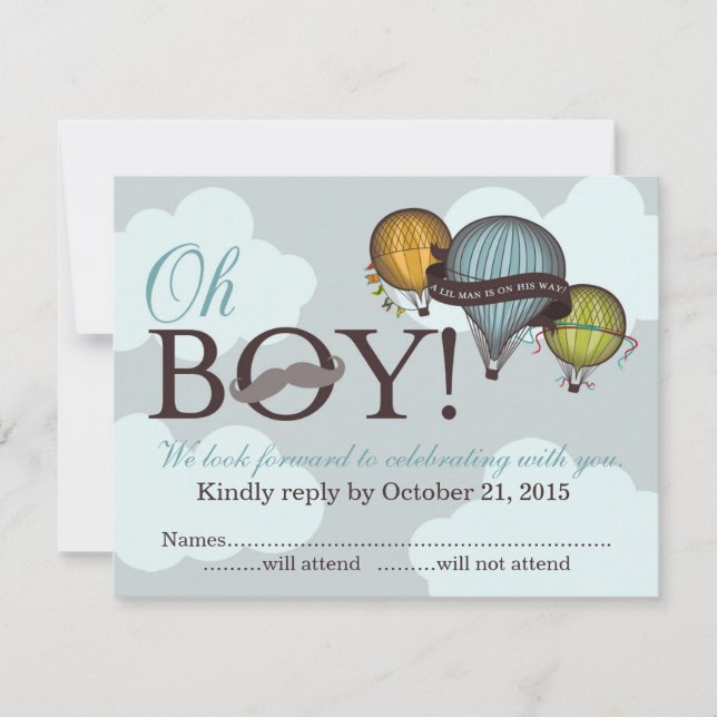 Oh Boy lil man hot air balloon RSVP card (Front)