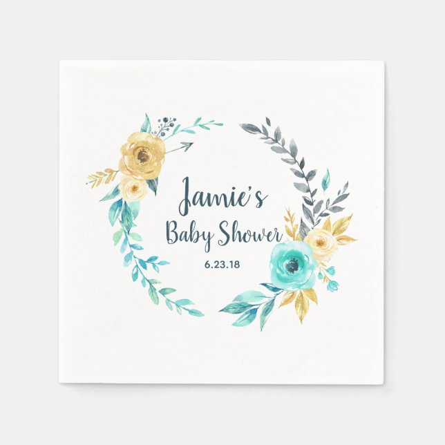 Oh Boy Little Man Baby Shower Boy Blue Teal Grey Napkin (Front)