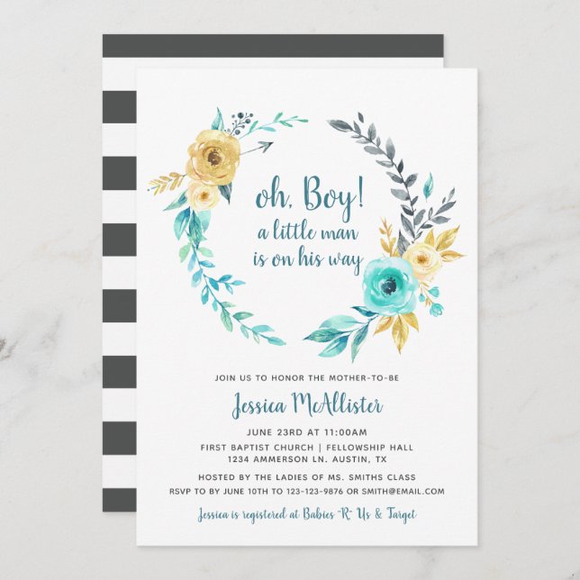 oh Boy Little Man Baby Shower dark Grey Invitation (Front/Back)