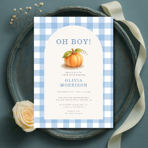 Oh Boy Little Pumpkin Blue Gingham Baby Shower Invitation