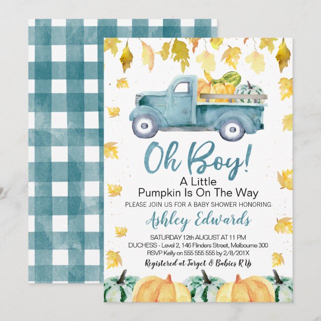 Oh Boy Little Pumpkin Truck Baby Shower Invitation (Front/Back)