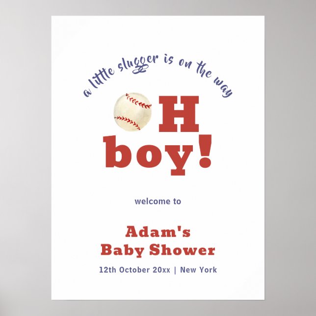 Oh Boy Little Slugger Baseball Baby Shower Welcome Poster (Front)